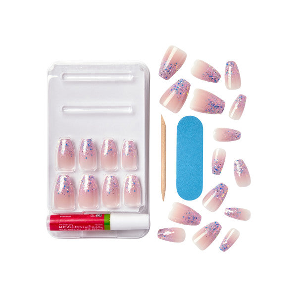 KISS Gel Fantasy Press-On Nails, Glittery Pink, Short Length, Coffin Shape, 27 Ct.