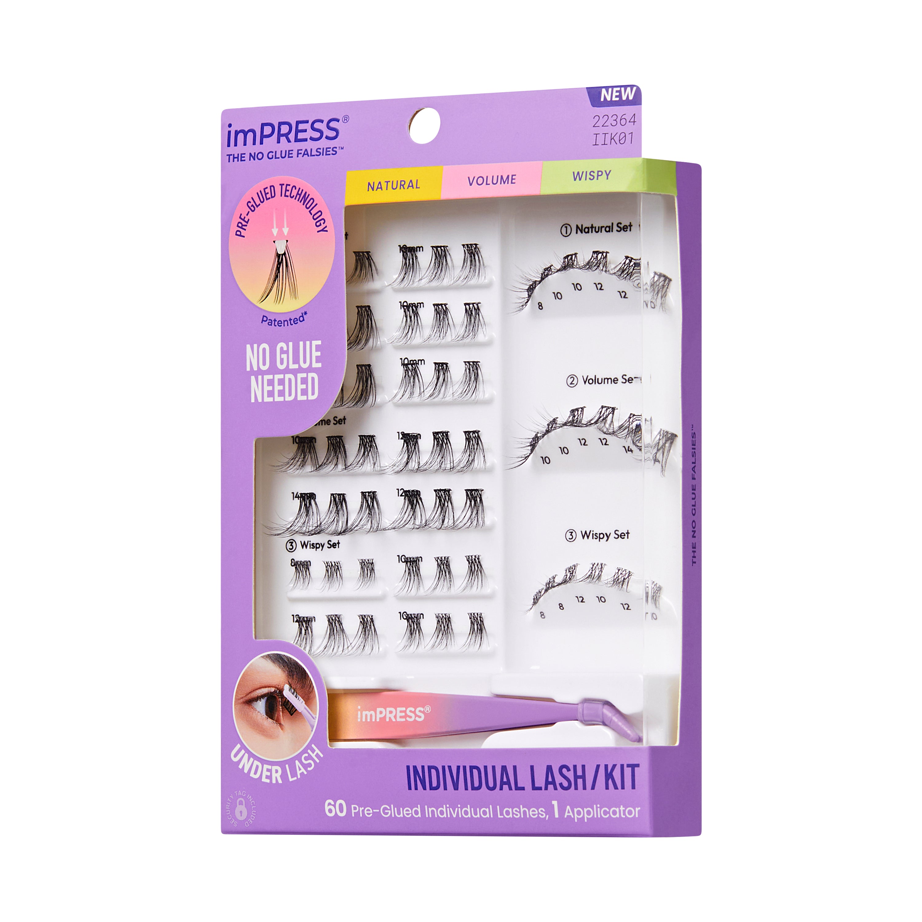 KISS imPRESS Pre-Glued Individual Lashes Kit, Self Adhesive Eyelashes, 60 Lash Clusters