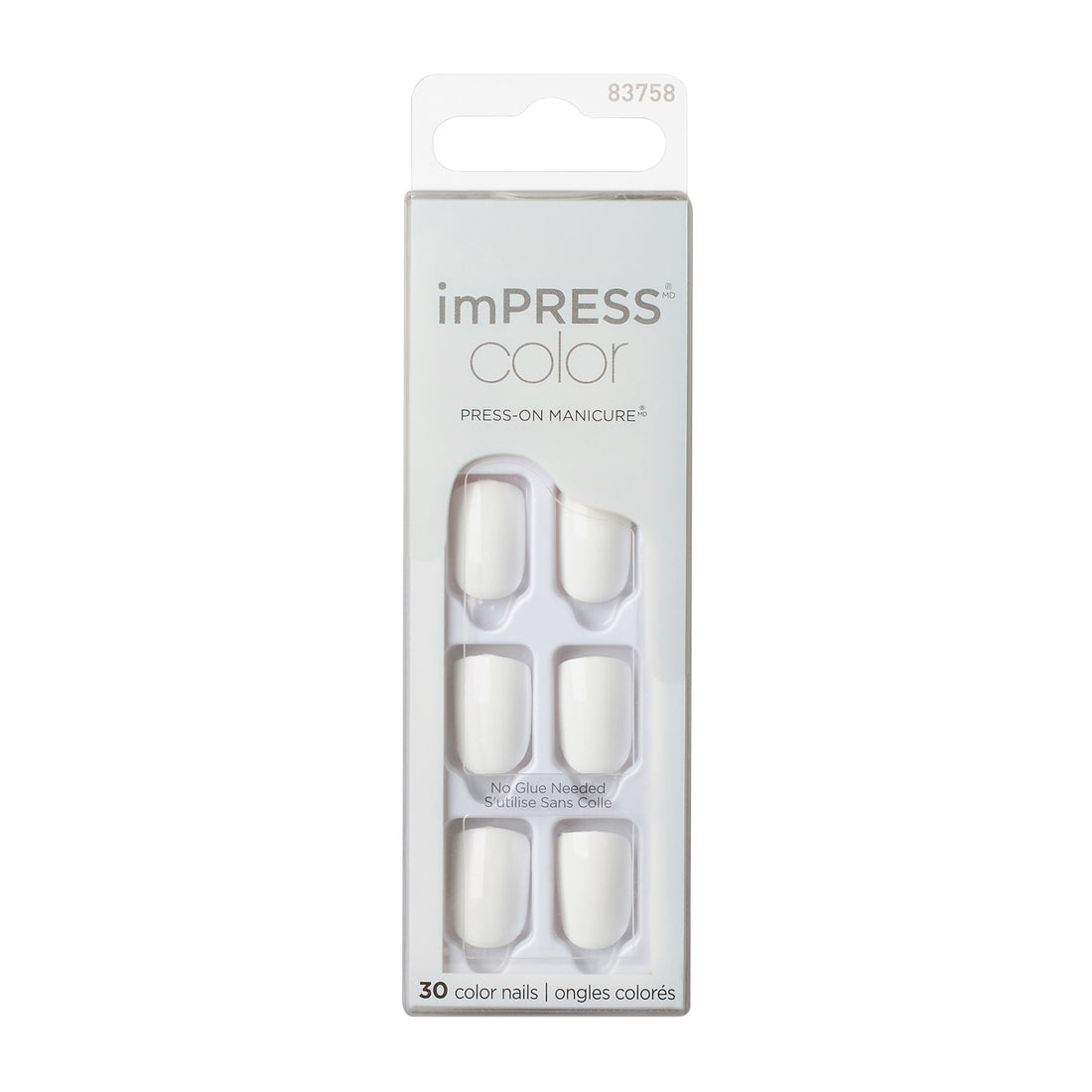 imPRESS Color Press On Nails, No Glue Needed, White, Short Squoval, 30 Ct.