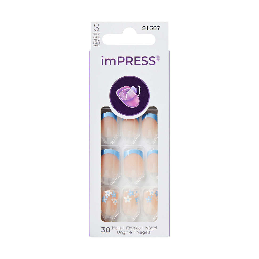 imPRESS Modern French Tip Press On Nails, No Glue Needed, Blue Tips, Short Square, 30 Ct.