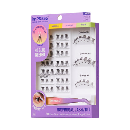 KISS imPRESS Pre-Glued Individual Lashes Kit, Self Adhesive Eyelashes, 60 Lash Clusters