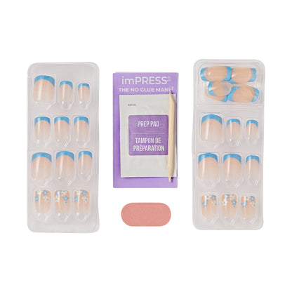 imPRESS Modern French Tip Press On Nails, No Glue Needed, Blue Tips, Short Square, 30 Ct.