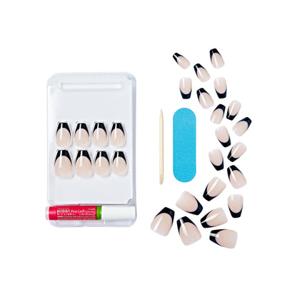KISS Salon Acrylic French Color Press On Nails, ‘Flame’, Black, Short Coffin, 28 Ct.