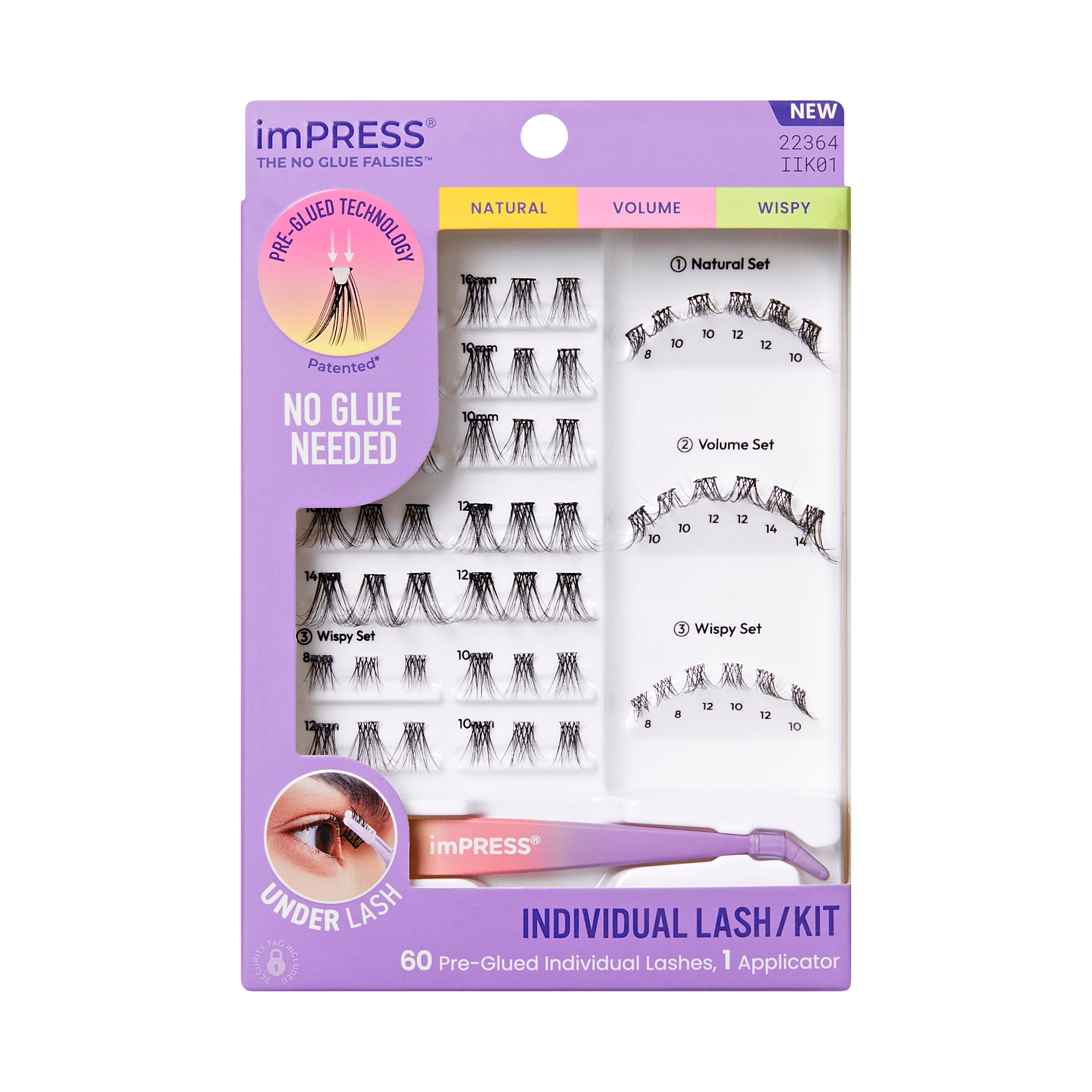 KISS imPRESS Pre-Glued Individual Lashes Kit, Self Adhesive Eyelashes, 60 Lash Clusters
