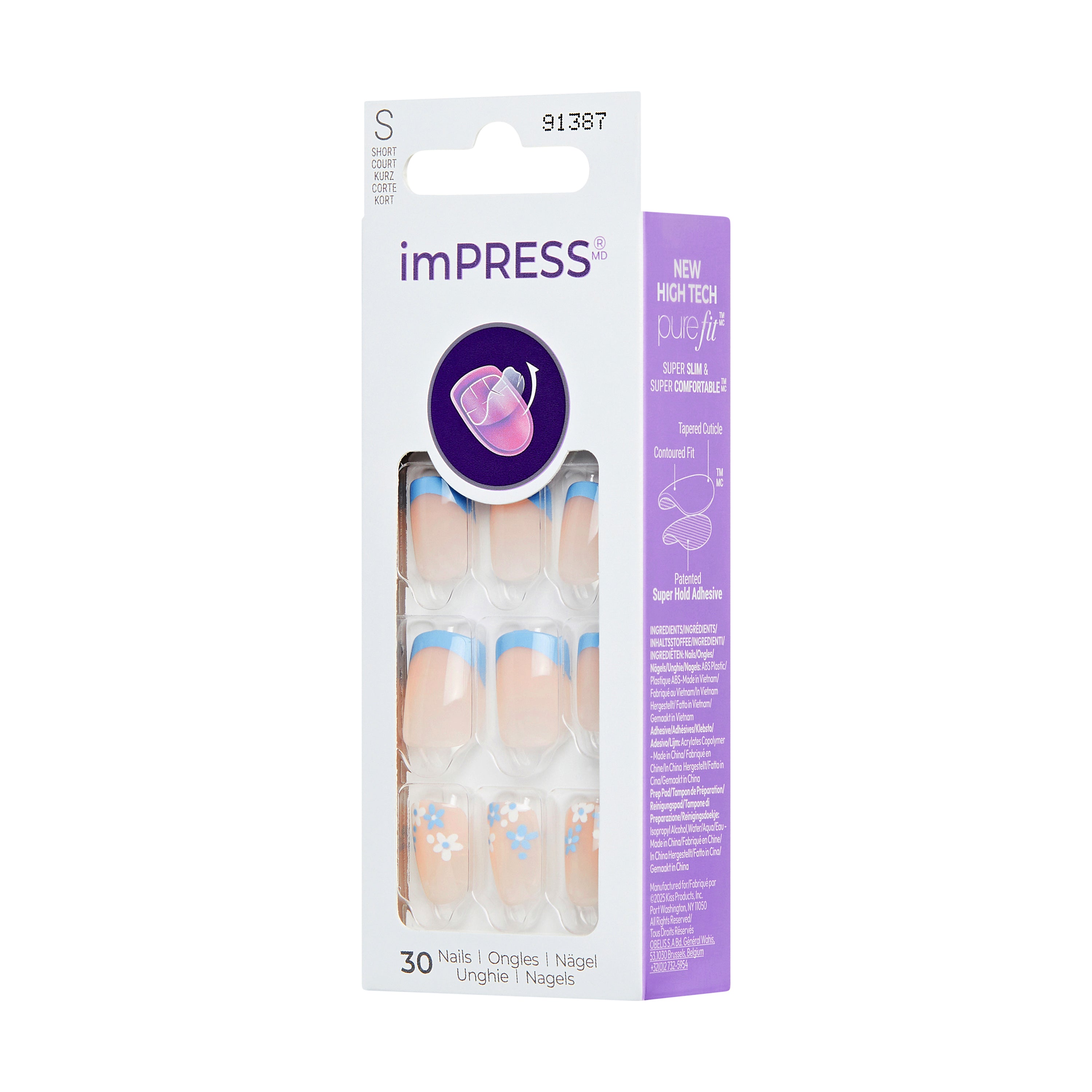 imPRESS Modern French Tip Press On Nails, No Glue Needed, Blue Tips, Short Square, 30 Ct.