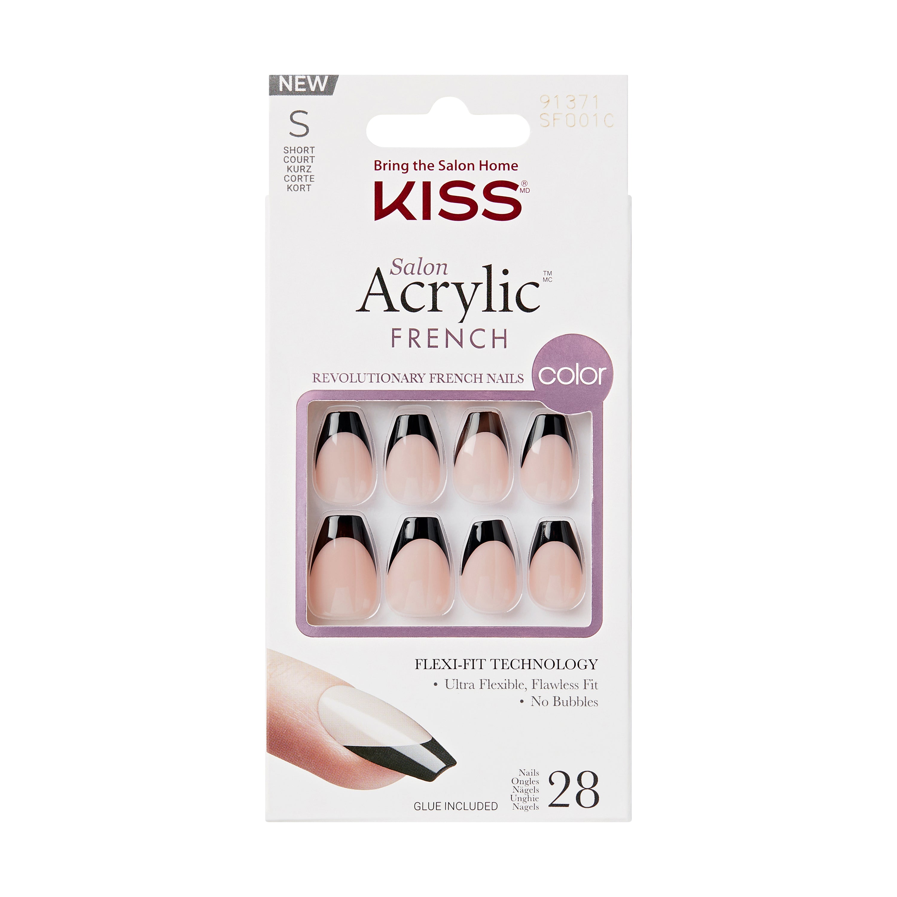 KISS Salon Acrylic French Color Press On Nails, ‘Flame’, Black, Short Coffin, 28 Ct.