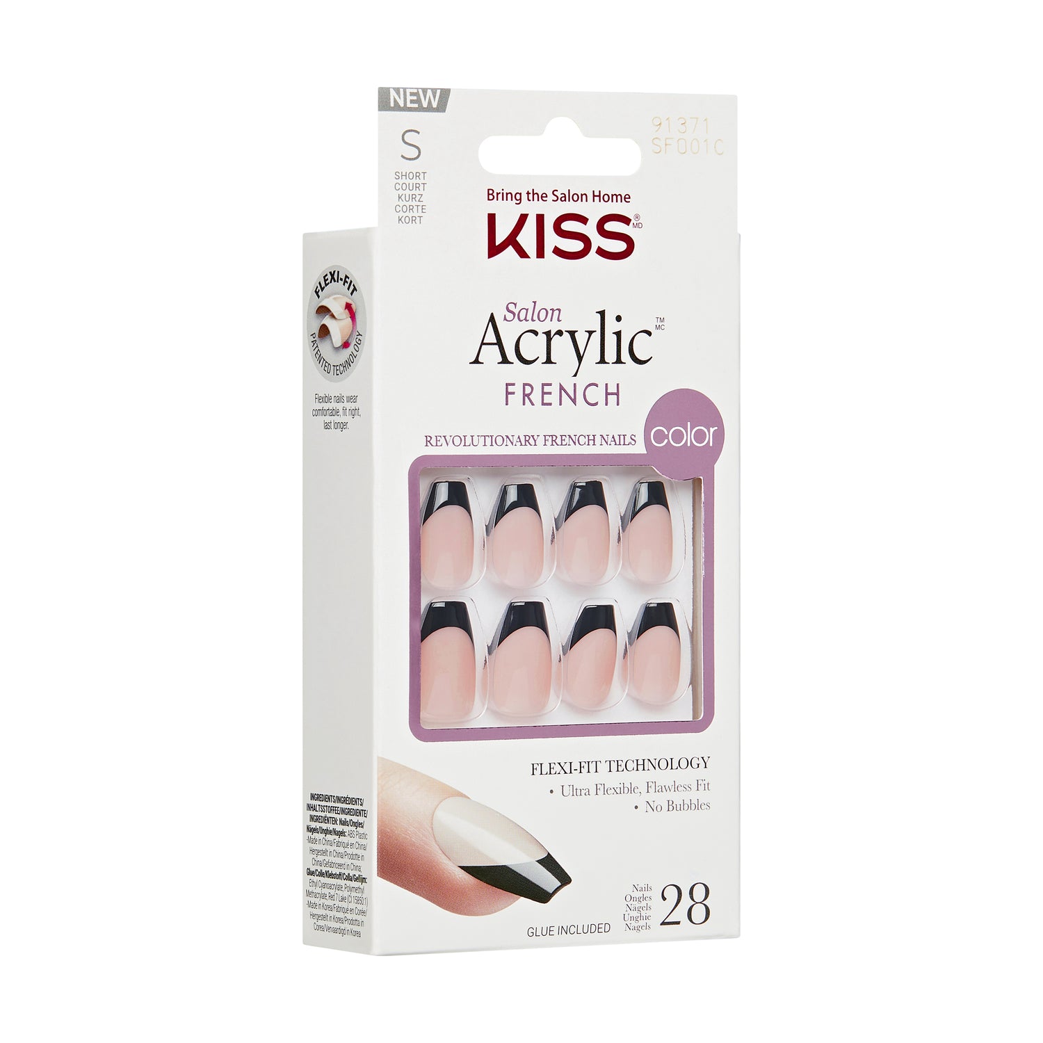 KISS Salon Acrylic French Color Press On Nails, ‘Flame’, Black, Short Coffin, 28 Ct.