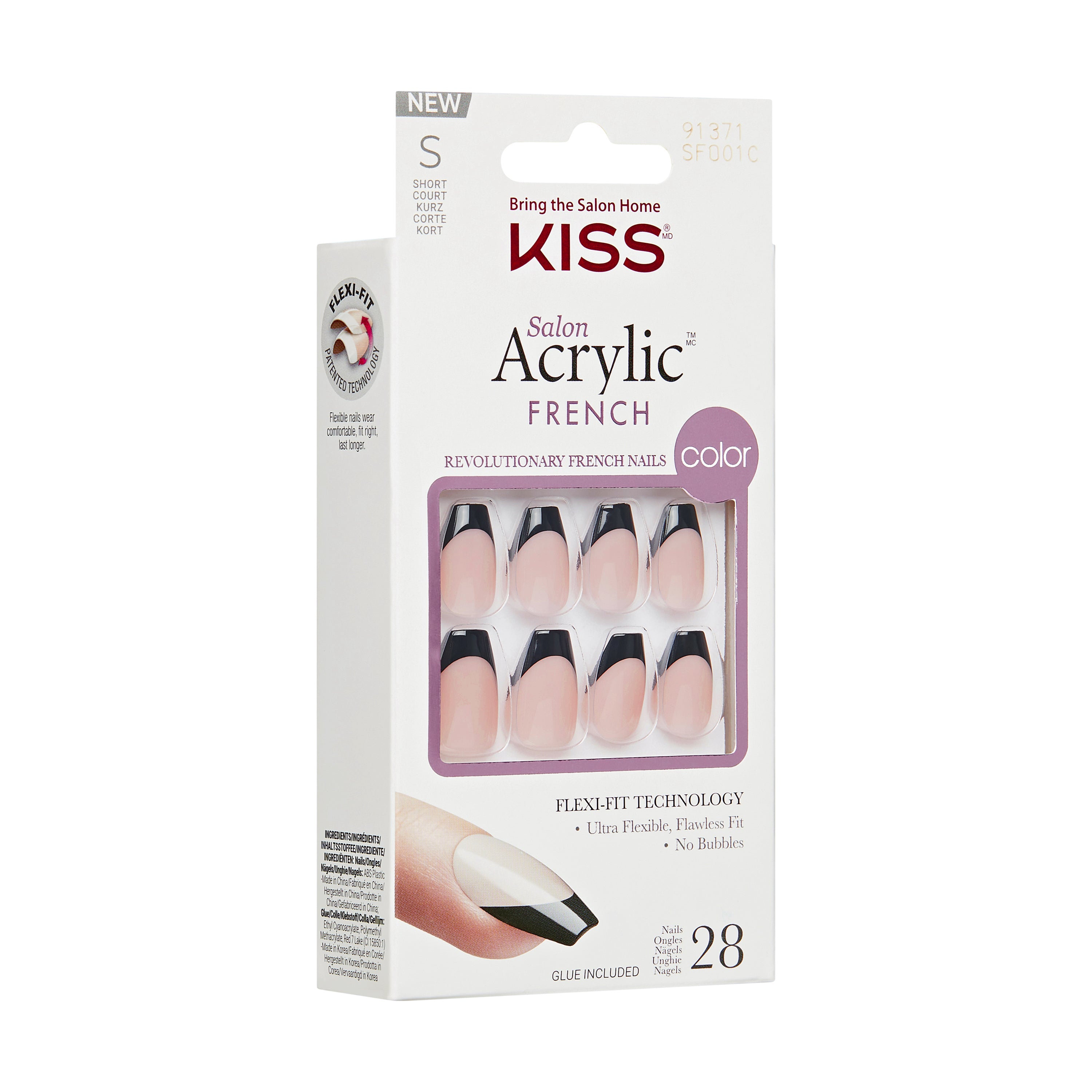 KISS Salon Acrylic French Color Press On Nails, ‘Flame’, Black, Short Coffin, 28 Ct.