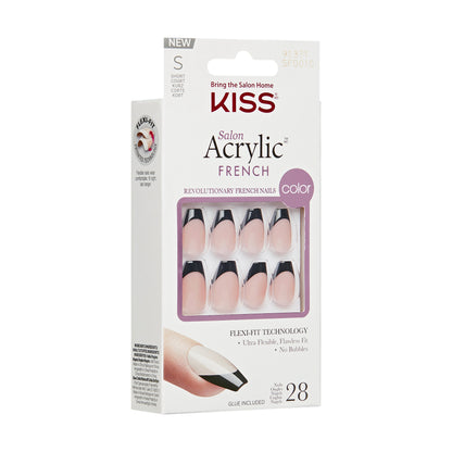 KISS Salon Acrylic French Color Press On Nails, ‘Flame’, Black, Short Coffin, 28 Ct.