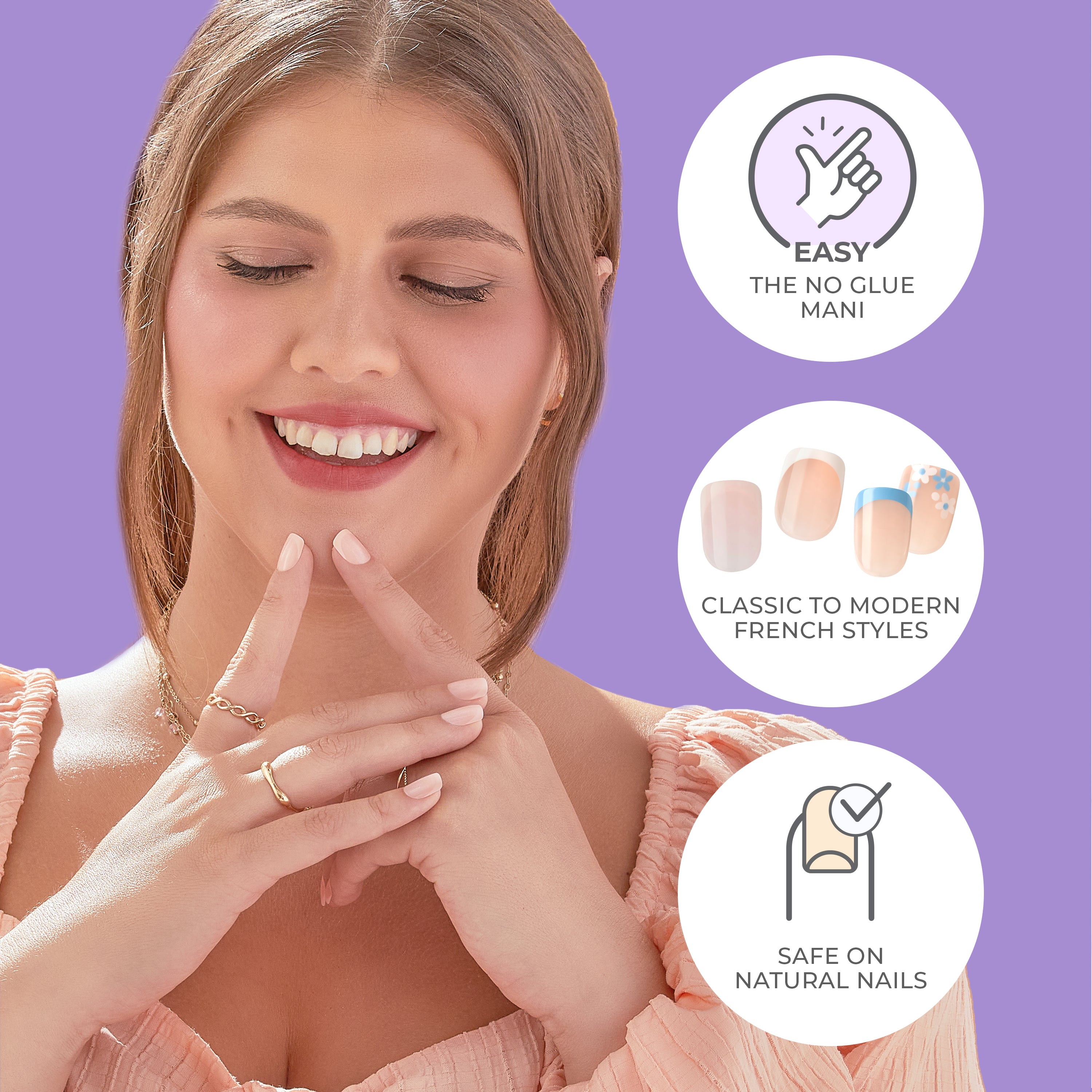 imPRESS Modern French Tip Press On Nails, No Glue Needed, Blue Tips, Short Square, 30 Ct.